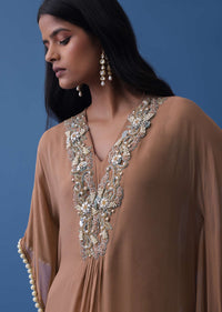 Brown And Powder Blue Ombre Kaftan In Georgette With Exquisite Embroidery