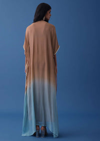 Brown And Powder Blue Ombre Kaftan In Georgette With Exquisite Embroidery