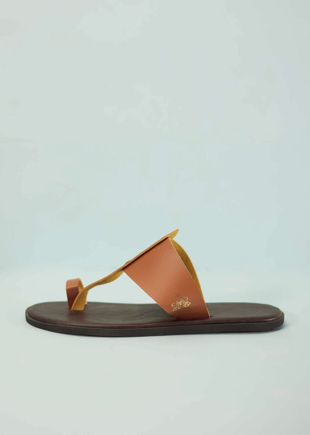 Dark And Tan Brown Strappy Slides For Men In Leather With Buttons