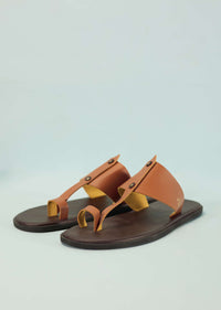 Dark And Tan Brown Strappy Slides For Men In Leather With Buttons