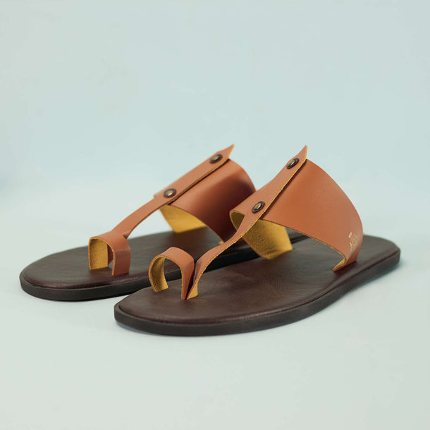 Dark And Tan Brown Strappy Slides For Men In Leather With Buttons