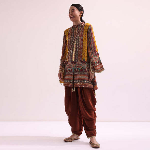 Brown And Yellow Embroidered Kurta Dhoti Set With Potli