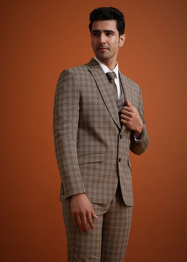 Brown Checkered Tuxedo And Pant Set