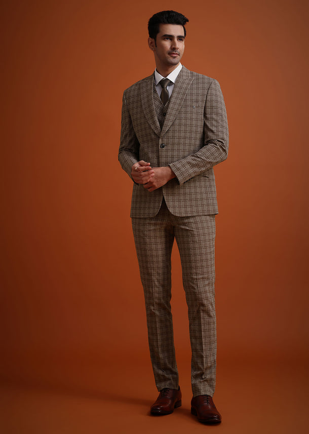 Brown Checkered Tuxedo And Pant Set