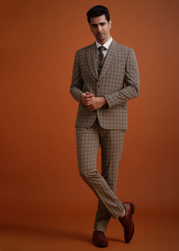 Brown Checkered Tuxedo And Pant Set