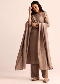 Brown Chiffon Kurta Set With Dupatta In Moti Work