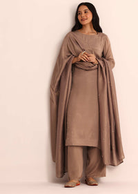 Brown Chiffon Kurta Set With Dupatta In Moti Work