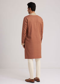 Brown Cotton Kurta Set With Embroidered Yoke And Sleeve Cuffs