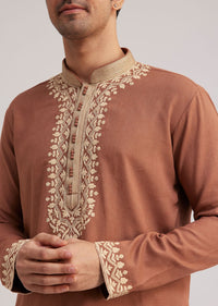 Brown Cotton Kurta Set With Embroidered Yoke And Sleeve Cuffs