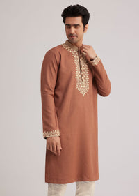 Brown Cotton Kurta Set With Embroidered Yoke And Sleeve Cuffs