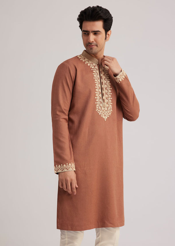 Brown Cotton Kurta Set With Embroidered Yoke And Sleeve Cuffs