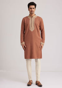 Brown Cotton Kurta Set With Embroidered Yoke And Sleeve Cuffs