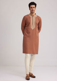 Brown Cotton Kurta Set With Embroidered Yoke And Sleeve Cuffs