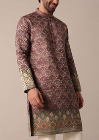 Brown Daman Print Silk Kurta Set For Men