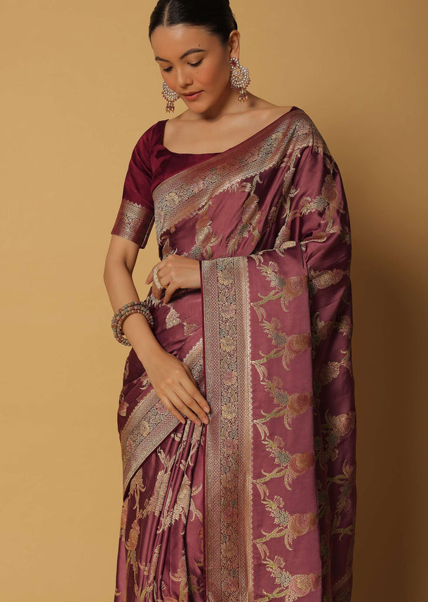 Brown Dolka Silk Meenakari Jaal Work Saree With Unstitched Blouse Fabric