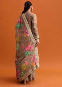 Brown Embroidered Anarkali With Printed Dupatta