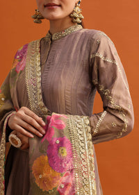 Brown Embroidered Anarkali With Printed Dupatta