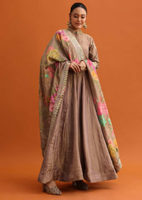 Brown Embroidered Anarkali With Printed Dupatta