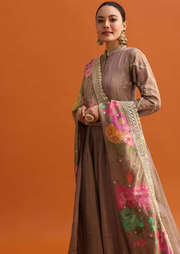 Brown Embroidered Anarkali With Printed Dupatta