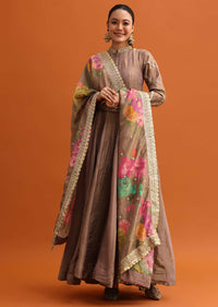 Brown Embroidered Anarkali With Printed Dupatta