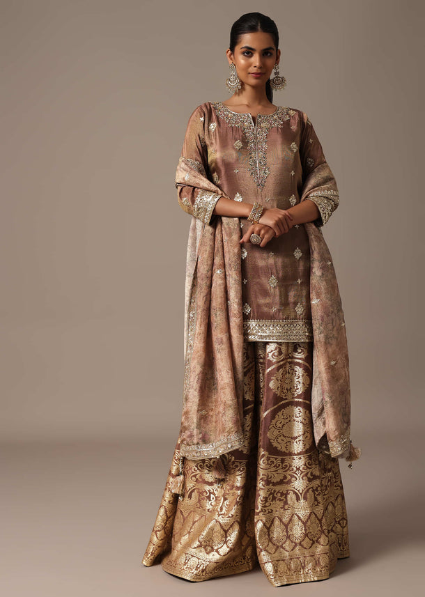 Brown Embroidered Kurta With Banarasi Weave Palazzo And Printed Dupatta