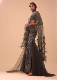 Dark Brown Embroidered Lehenga With Fish Cut And Net Feather Scarf