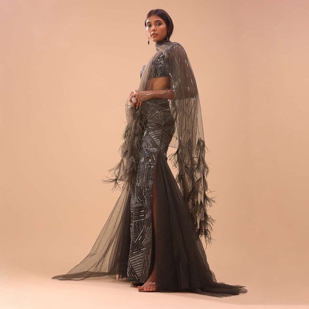 Dark Brown Embroidered Lehenga With Fish Cut And Net Feather Scarf