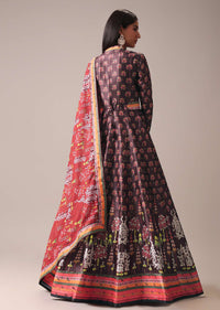 Brown Floral Printed Anarkali Suit Set In Tussar Silk