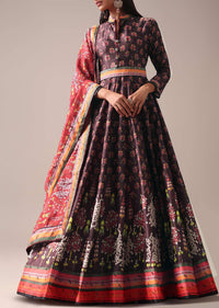 Brown Floral Printed Anarkali Suit Set In Tussar Silk