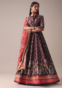 Brown Floral Printed Anarkali Suit Set In Tussar Silk