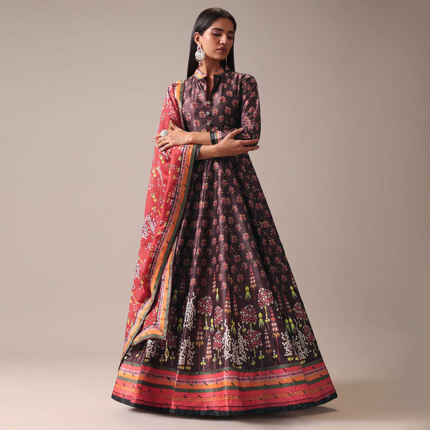 Brown Floral Printed Anarkali Suit Set In Tussar Silk