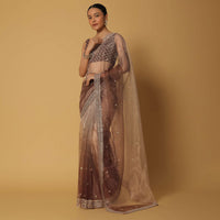 Brown Glass Organza Saree With Sequin Work Pallu And Unstitched Blouse Fabric