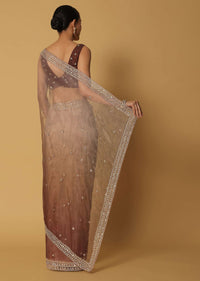 Brown Glass Organza Saree With Sequin Work Pallu And Unstitched Blouse Fabric