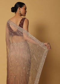 Brown Glass Organza Saree With Sequin Work Pallu And Unstitched Blouse Fabric