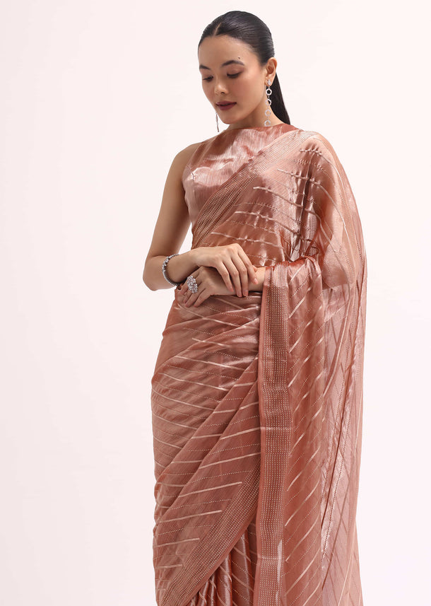 Brown Glass Tissue Saree In Swarovski With Unstitched Blouse