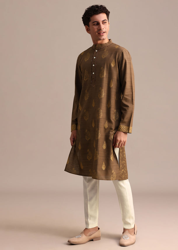 Brown Hand Block Printed Embroidered Kurta Set For Men