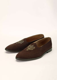 Brown Juttis In Suede With Zardosi Embroidered Motif