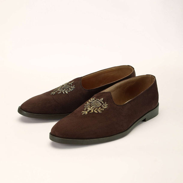 Brown Juttis In Suede With Zardosi Embroidered Motif