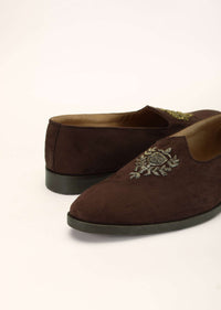 Brown Juttis In Suede With Zardosi Embroidered Motif