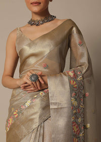 Brown Kora Silk Saree With Multi-Color Thread Work