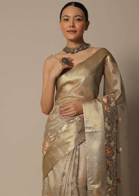 Brown Kora Silk Saree With Multi-Color Thread Work