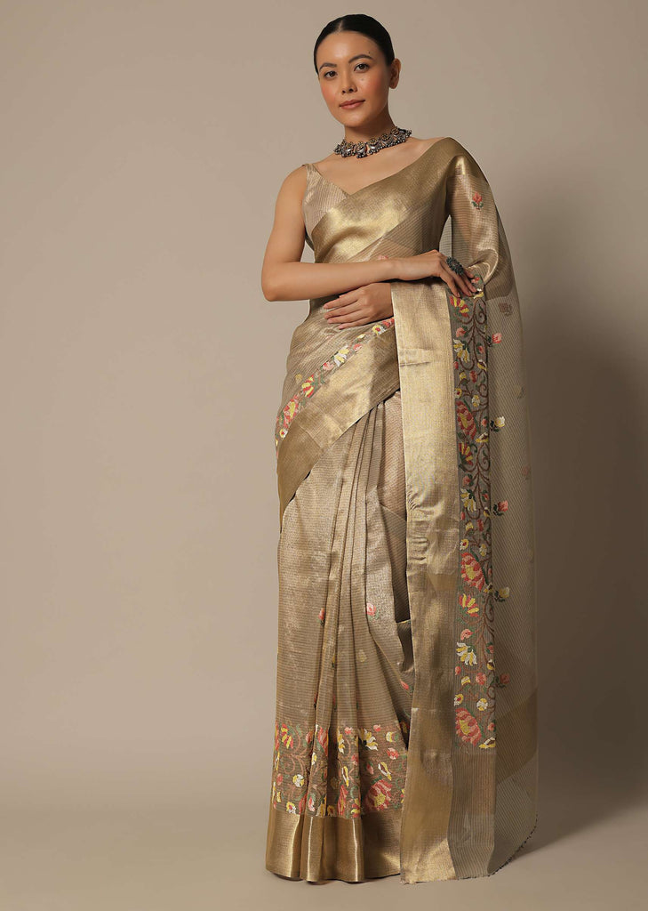 Brown Kora Silk Saree With Multi-Color Thread Work