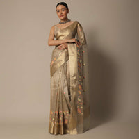 Brown Kora Silk Saree With Multi-Color Thread Work