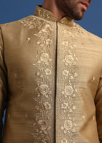 Brown Kurta Jacket Set With Thread And Mirror Work