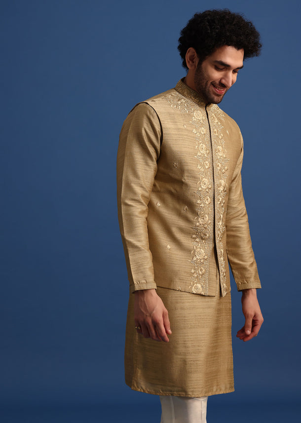 Brown Kurta Jacket Set With Thread And Mirror Work