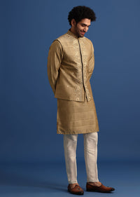 Brown Kurta Jacket Set With Thread And Mirror Work