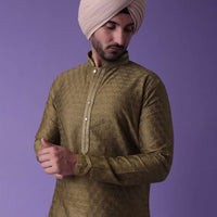 Brown Kurta Set In Silk With Machine Embroidery