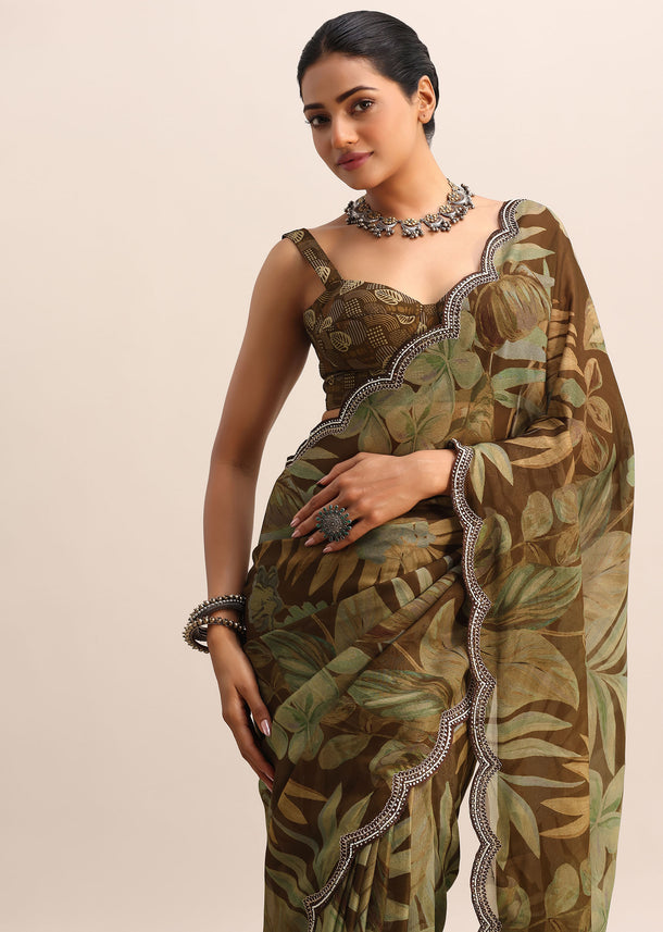 Brown Leaf Printed Soft Organza Saree With Embroidered Border