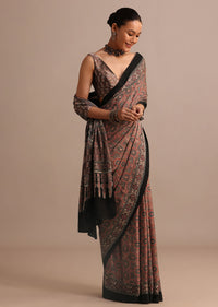 Brown Modal Satin Ajrakh Handblock Printed Saree