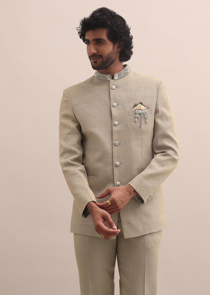 Brown Moti Embroidered Silk Jodhpuri Suit For Men